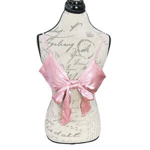 Women’s Bralette Top Size Large Pink Satin Tie Front Crop Y2K Festival Party